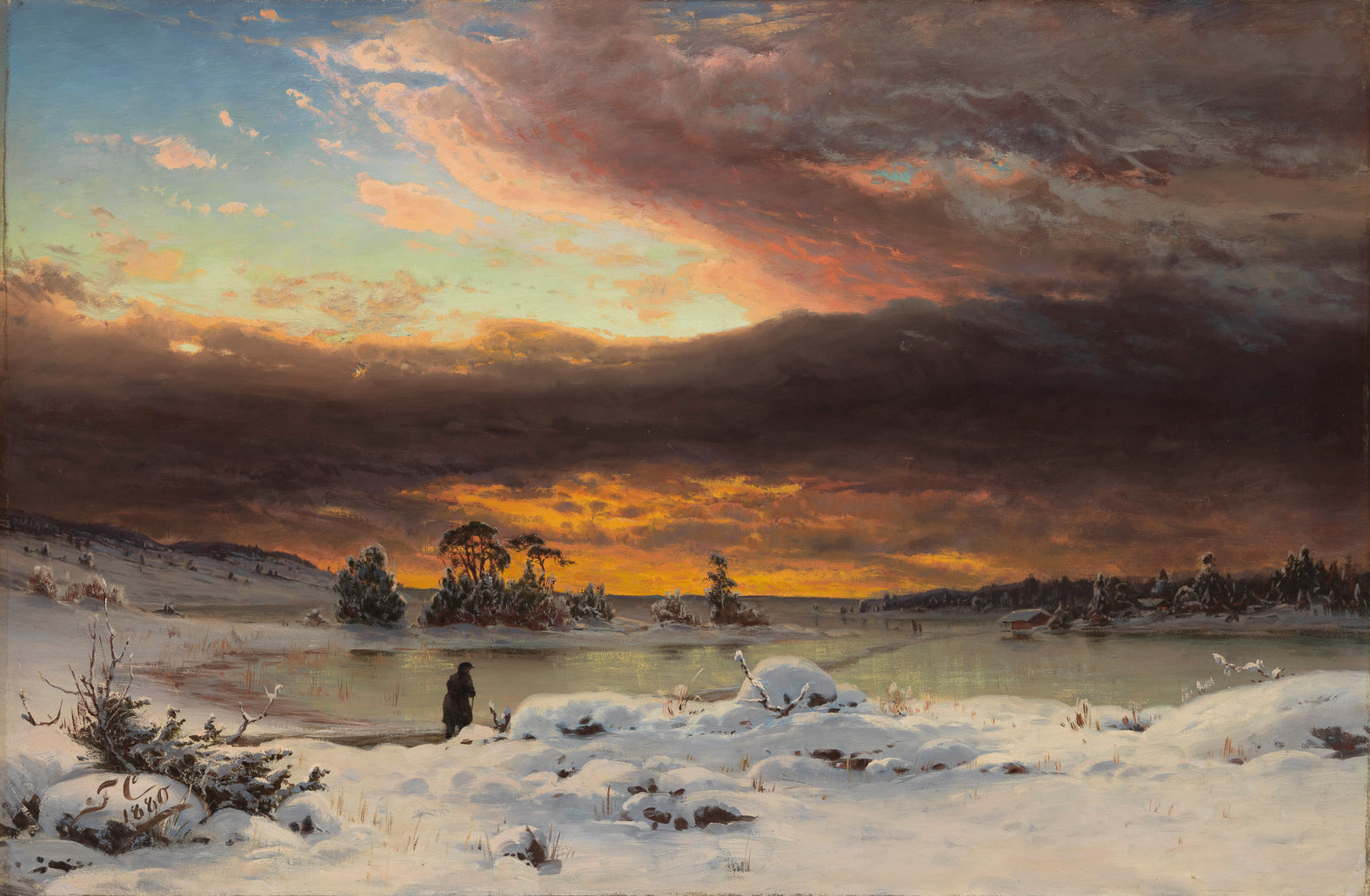 Talvinen maisemamaalus laskevan auringon aikaan. Kuvan keskellä on jäätynyt järvi ja järven rannnalla pieni tumma hahmo. 