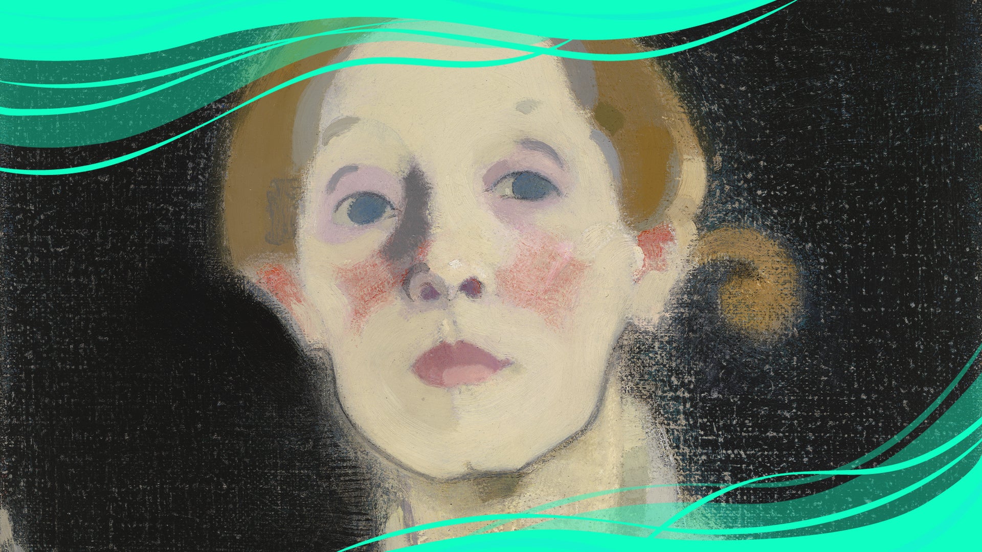 Helene Schjerfbeckin mustataustainen omakuva, josta hänen kasvonsa on rajattu lähikuvaan