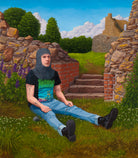 Joel Slotten öljymaalaus Ritarikokelas, jossa henkilö istuu keskiaikaisen linnan raunioilla bändipaita päällä