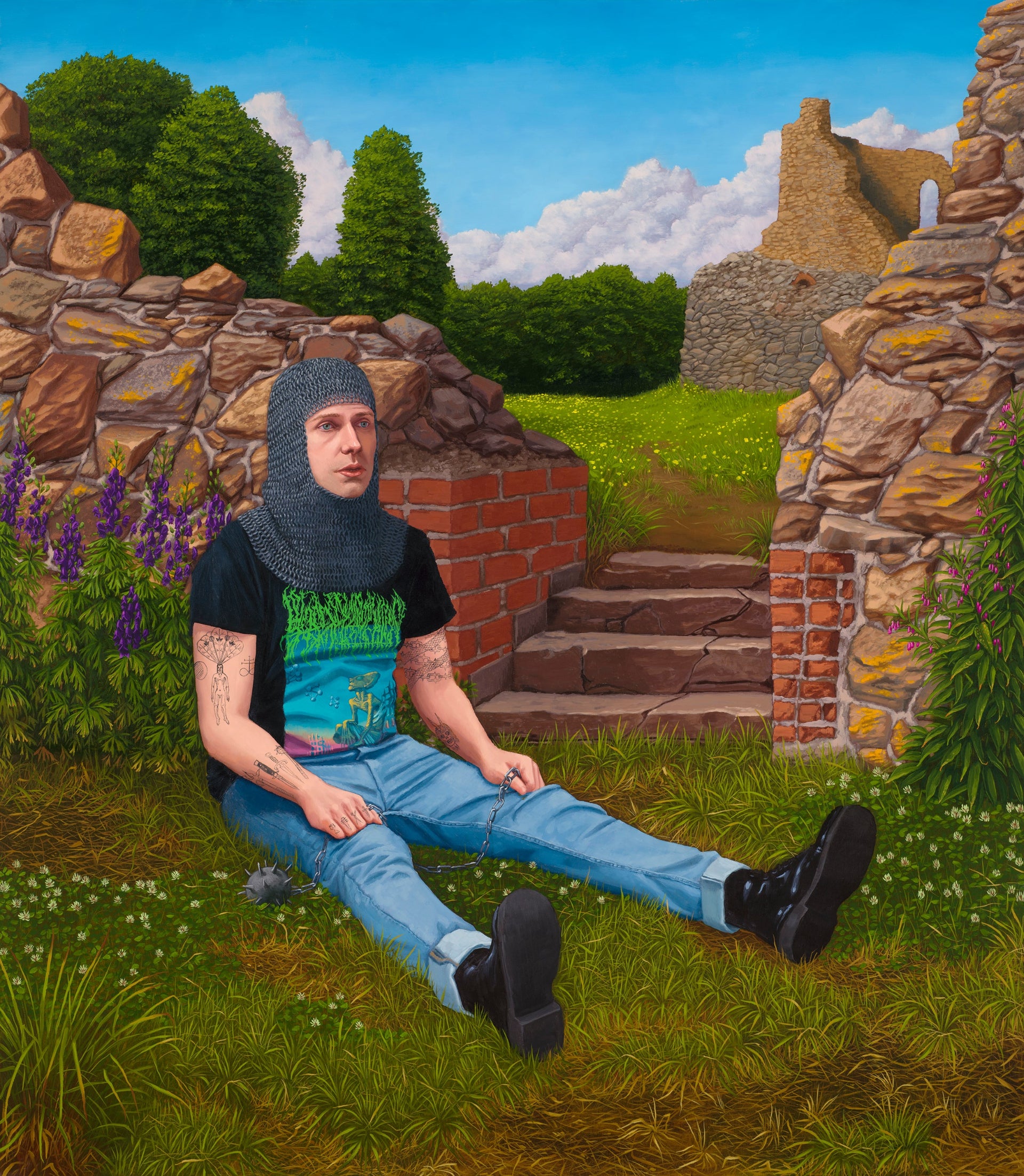 Joel Slotten öljymaalaus Ritarikokelas, jossa henkilö istuu keskiaikaisen linnan raunioilla bändipaita päällä