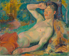 Magnus Enckellin Heräävä fauni teoskuva, jossa värikkäässä ympäristössä lepäävä nuori mies torso paljaana.