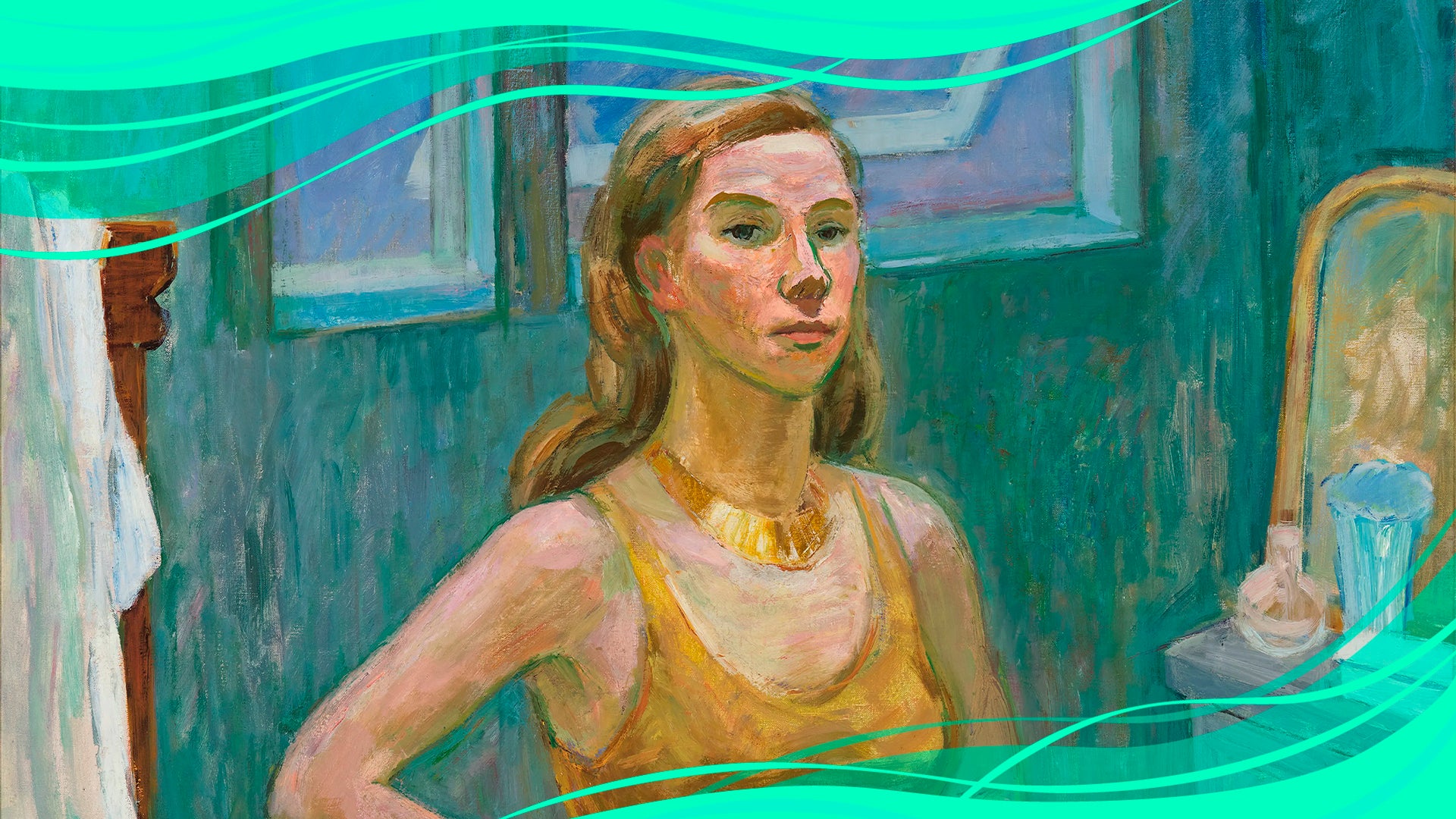 Tove Janssonin omakuva, jossa hänellä päällä kellertävä toppi ja kullansävyinen kaulakoru. Taustalla sinertävä huone, ikkunasta näkyy iltahämärä ja takana olevan tason päällä peili ja kaksi maljakkoa.